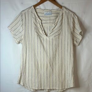 Columbia Cream V-Neck Short Sleeve Blouse 99% cotton blend slowfashion classic